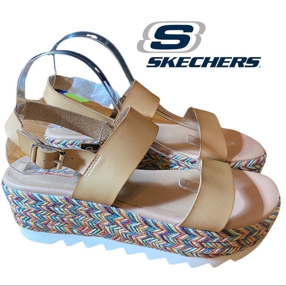 NEW Skechers Women's Tan Platform Multi Color Trim Sandals 10